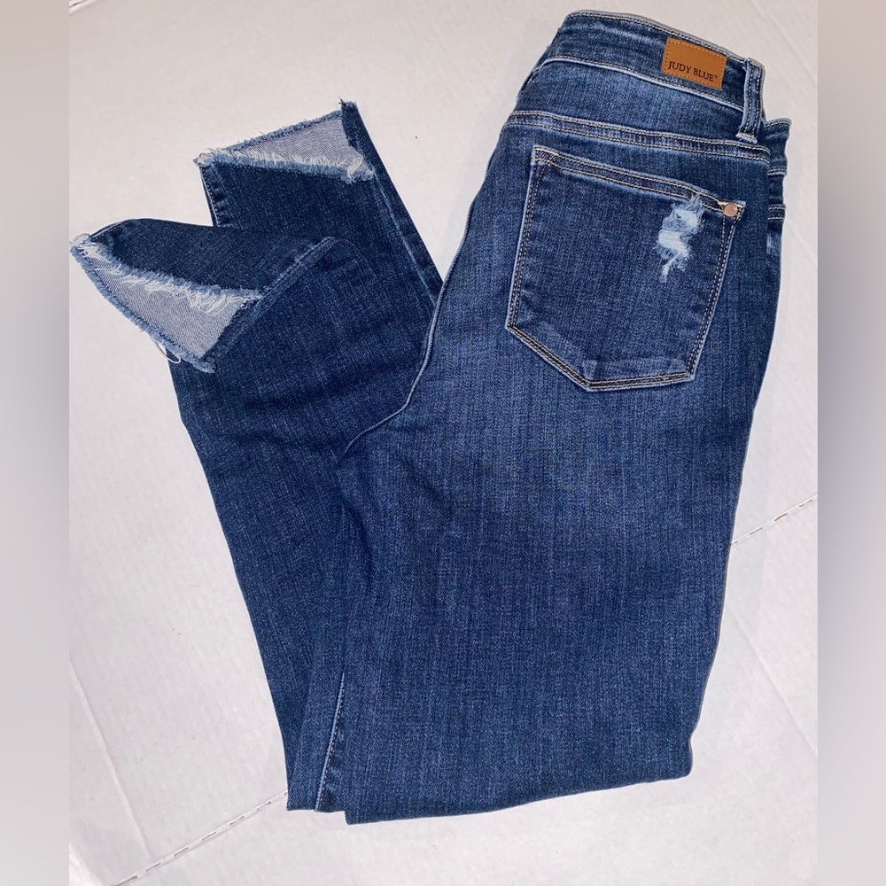 Judy Blue Jeans Womens 7/28 Blue Skinny Slanted Hem Denim Distressed JB82326MD